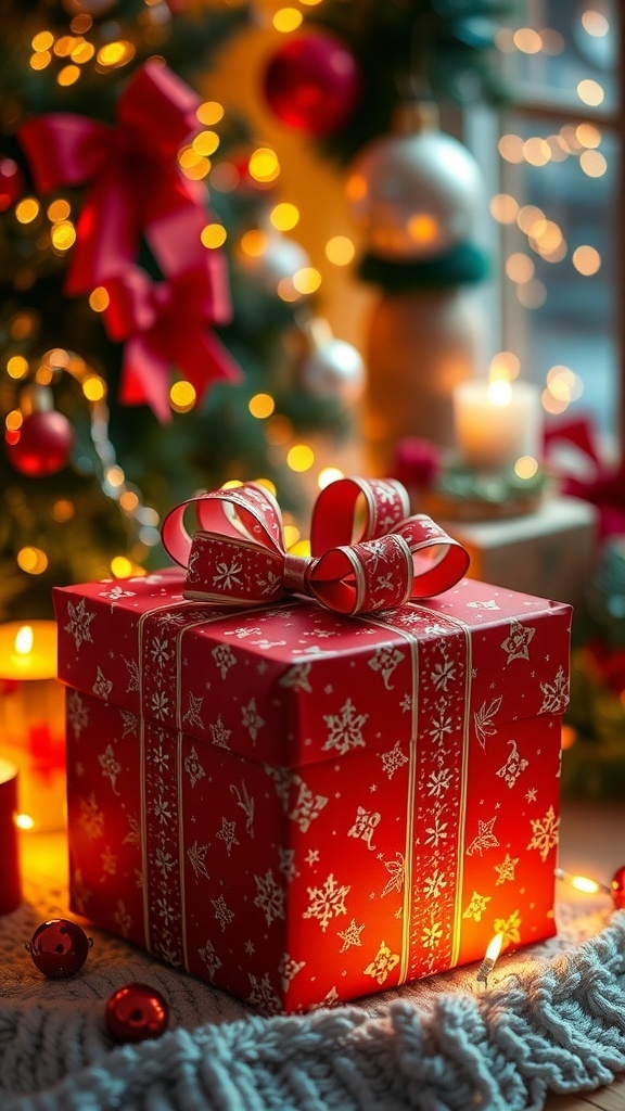 A wrapped Christmas gift with a bow, surrounded by holiday decorations and lights.